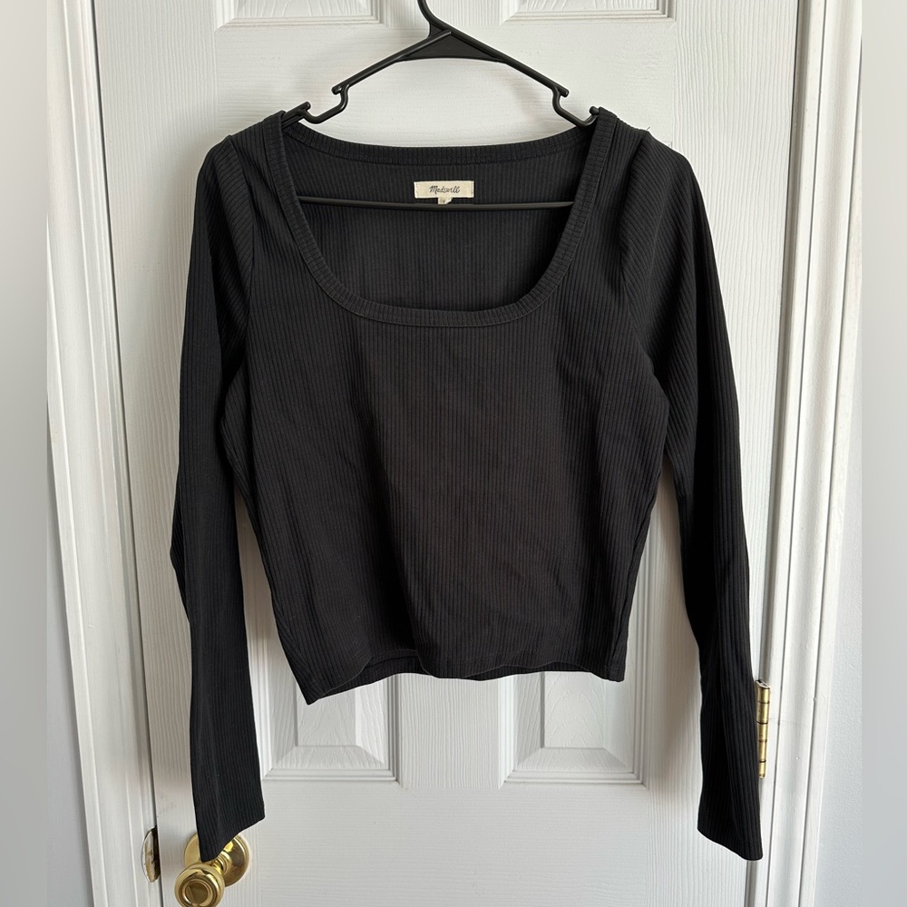 Madewell Women’s Large Black Long Sleeve Crop Top Basic Minimalist Ribbed Cotton